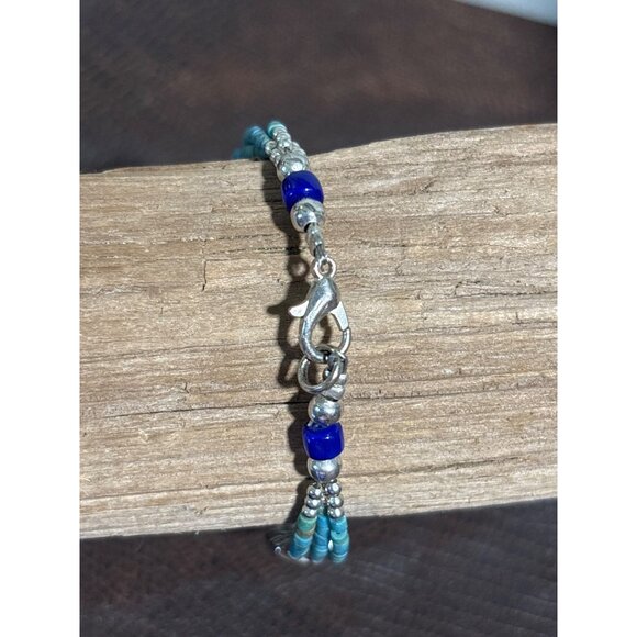 Turquoise & Coral Beaded Bracelet With Silver-Tone Accents Lobster Clasp Adjust - Picture 2 of 4